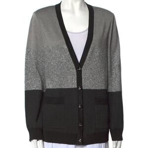 St. John Santana Knit Glittery Cardigan Pockets Black Gray Womens Size Small
